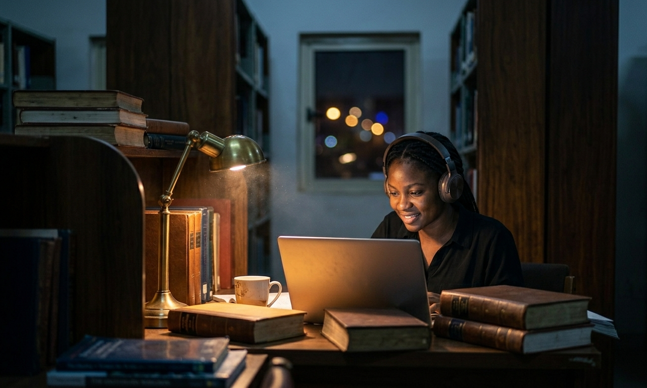 African Student Studying Laptop Library Night