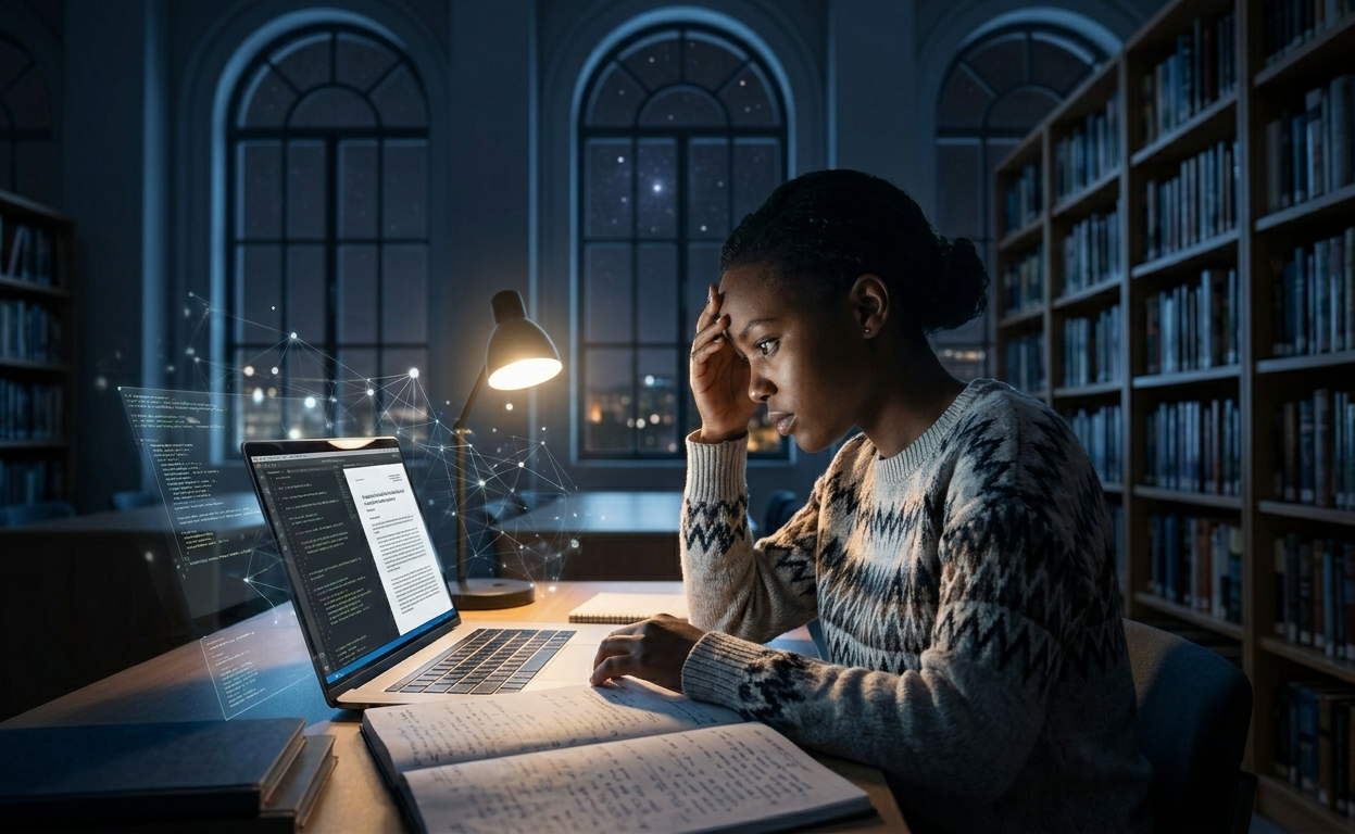 Student Studying Laptop Library Night
