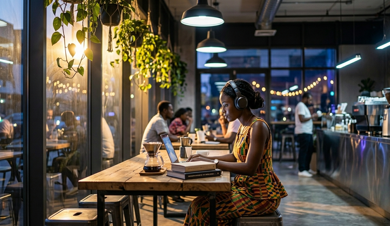 Young Afrixan Entrepreneur Working Cafe Laptop