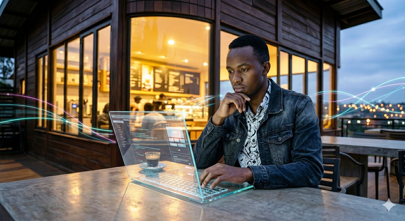 Young Entrepreneur Working Cafe Laptop