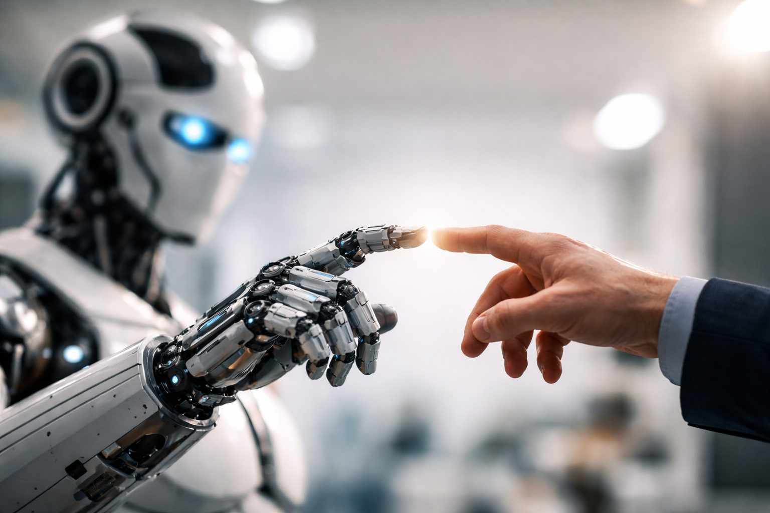 Artificial Intelligence Robot Interacting With Human Hand 1