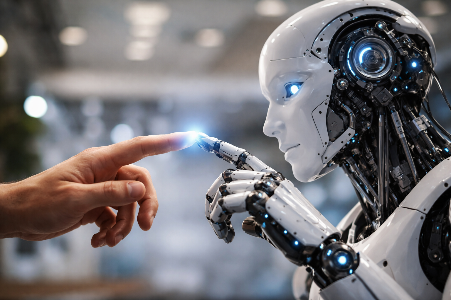 Artificial Intelligence Robot Interacting With Human Hand