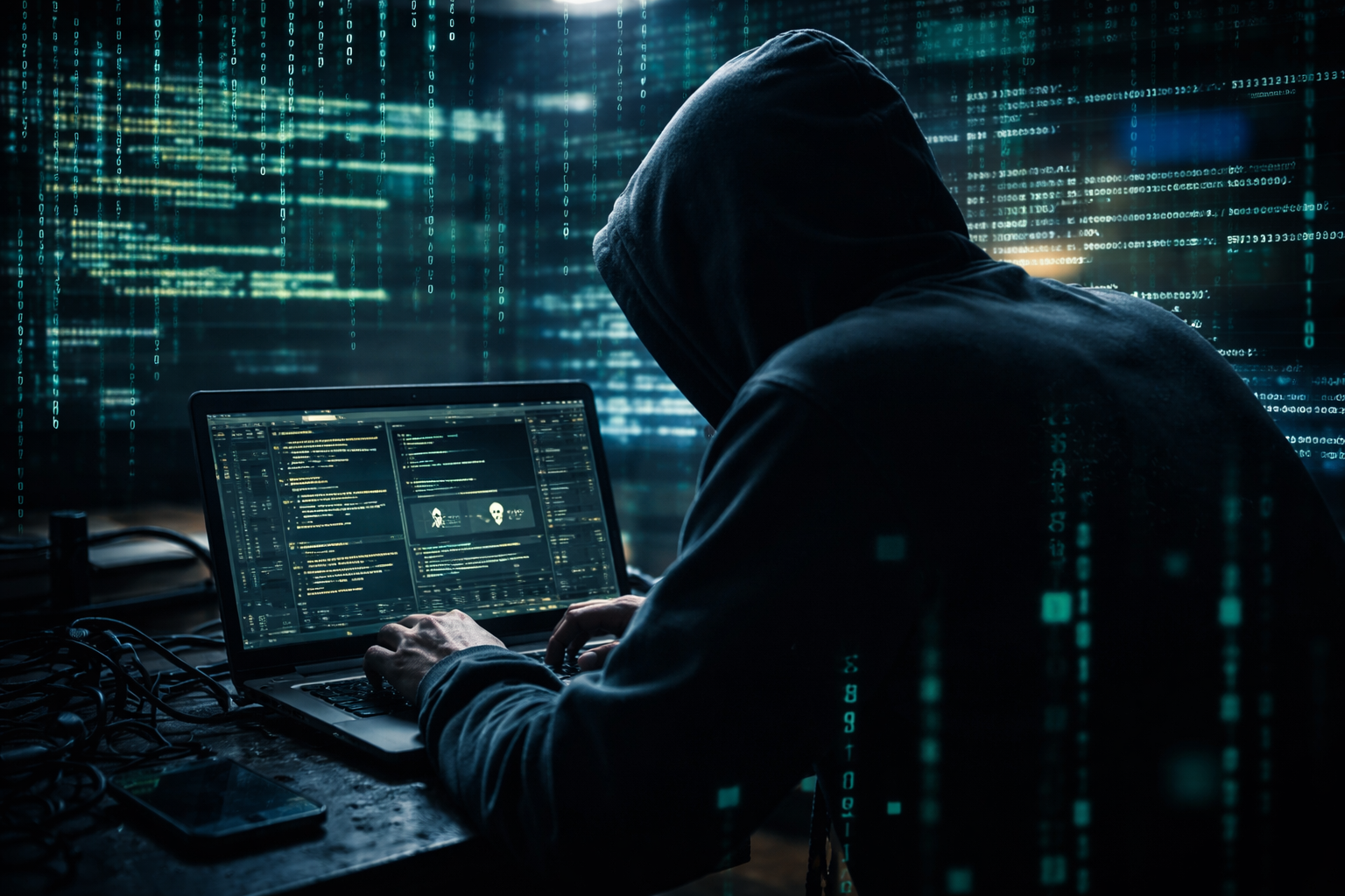 Cybersecurity Concept With Hacker Silhouette And Code 1