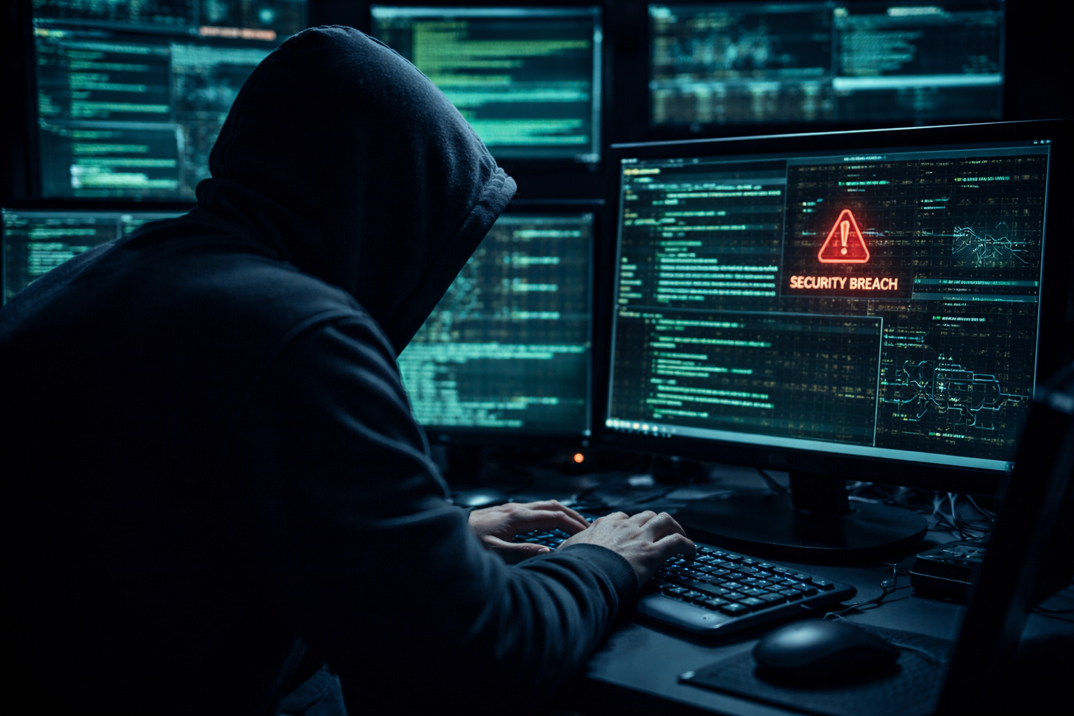 Cybersecurity Concept With Hacker Silhouette And Code