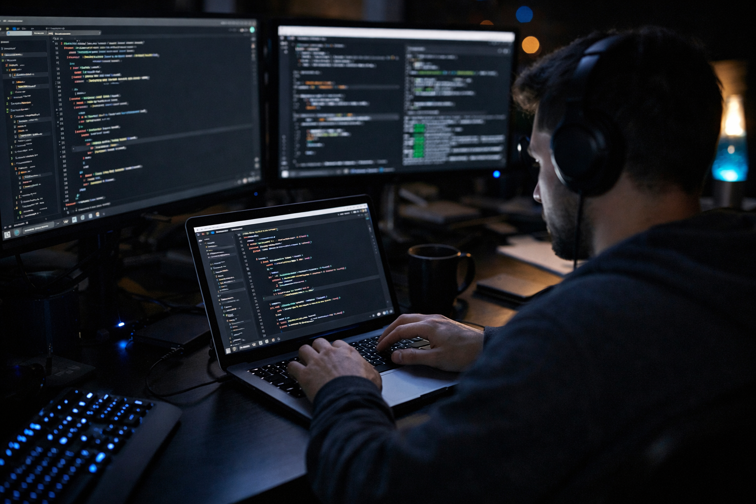 Programmer Coding On Laptop In Dark Mode Environment 1