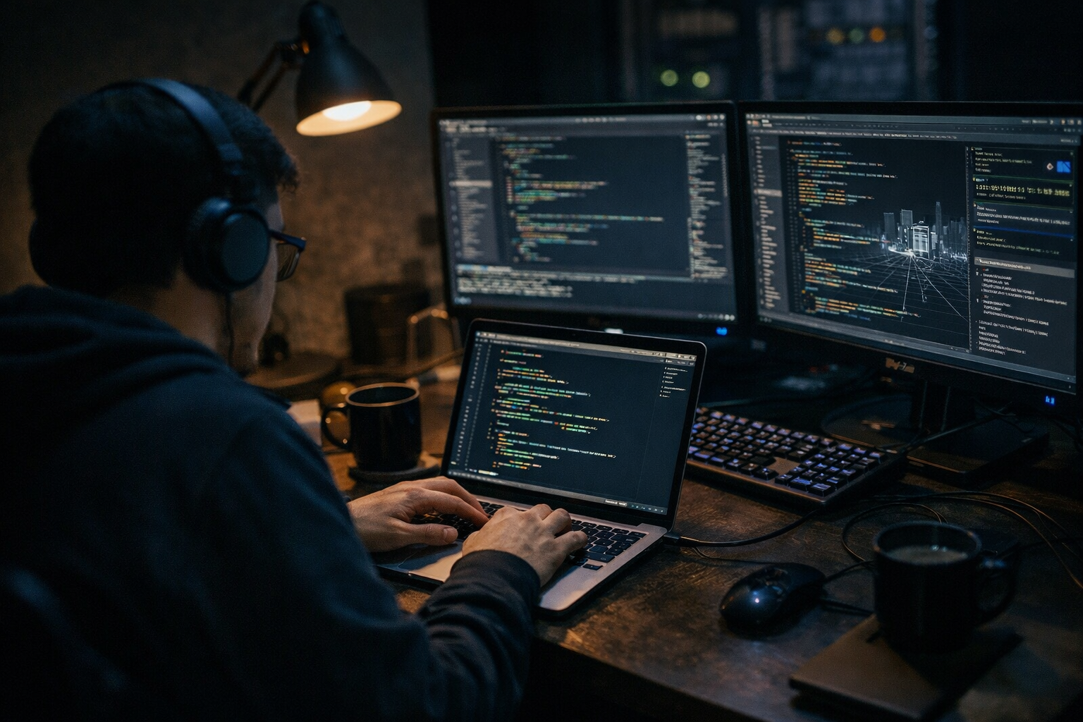Programmer Coding On Laptop In Dark Mode Environment