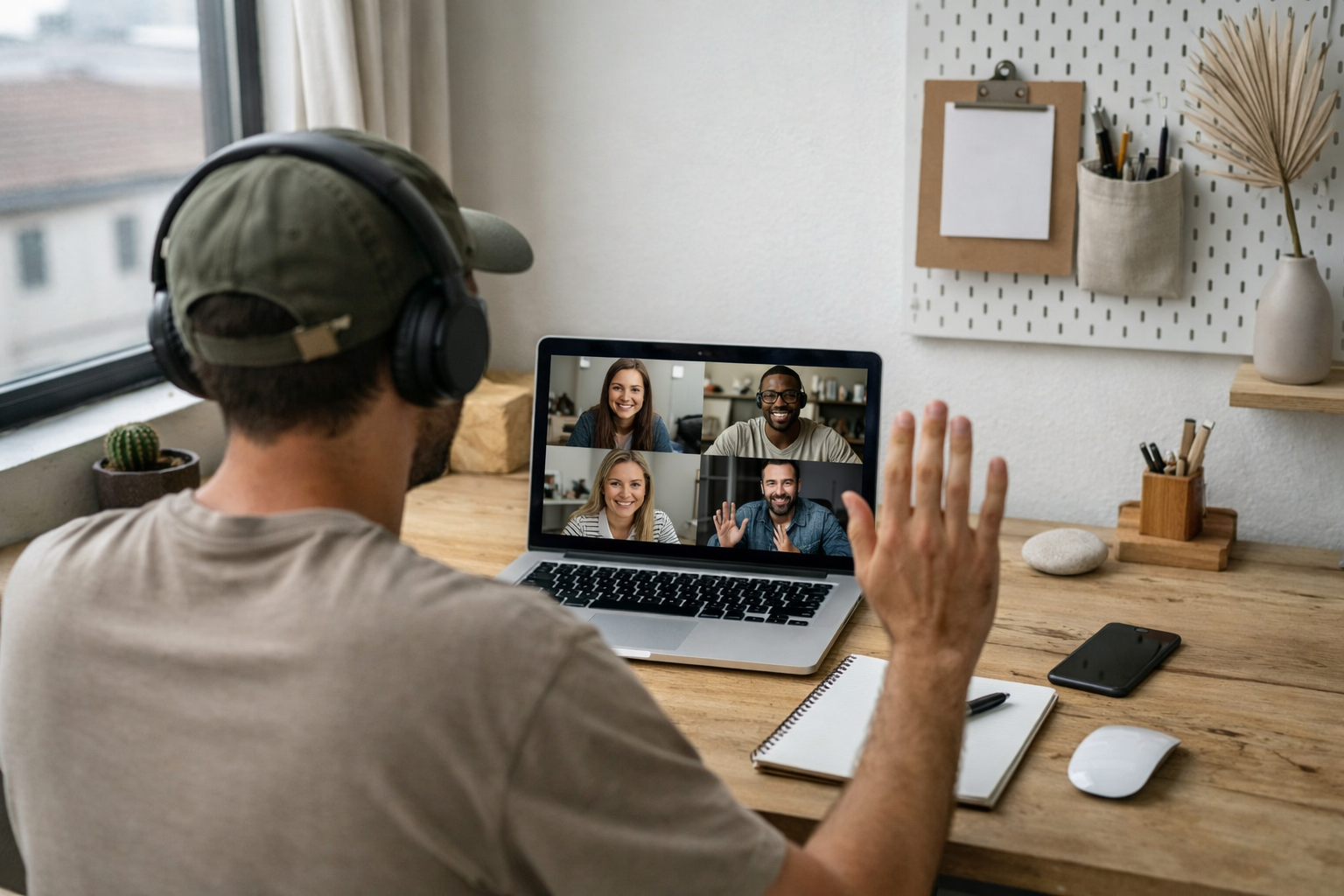 Remote Worker Video Calling On Llaptop In Minimal Workspace 1