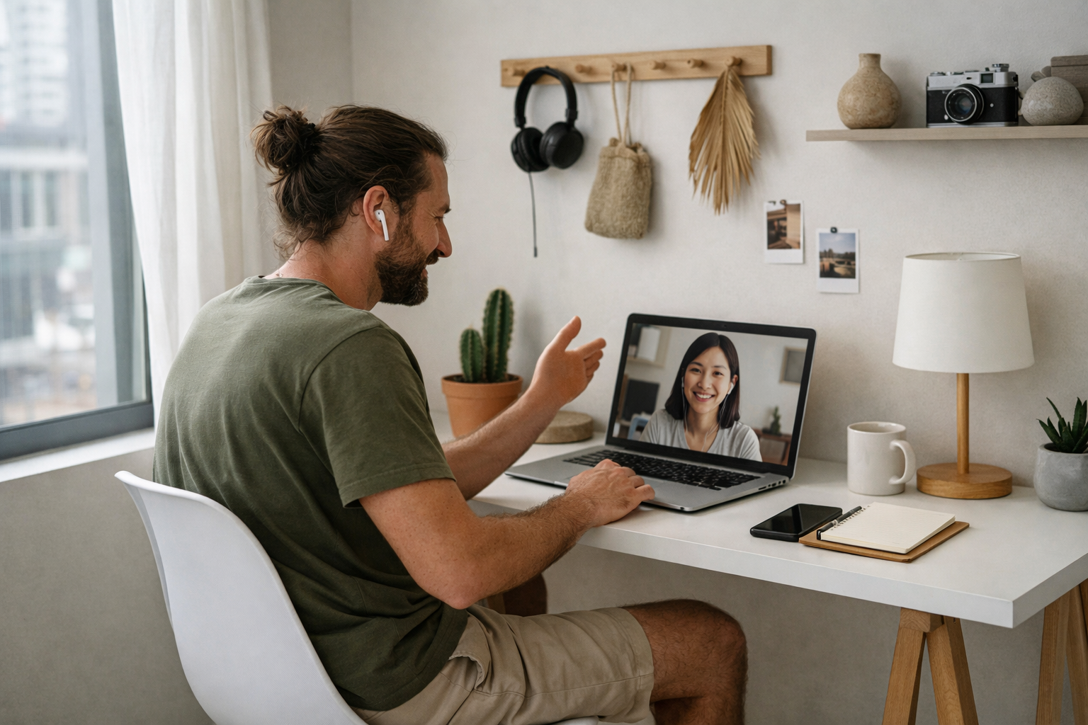 Remote Worker Video Calling On Llaptop In Minimal Workspace