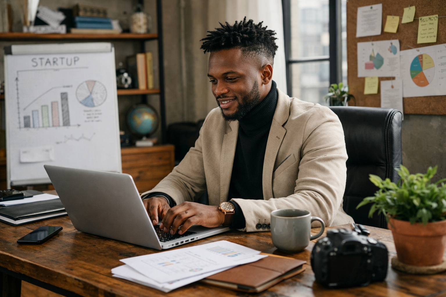 Young African Intrepreneur Working On Laptop At Home Office